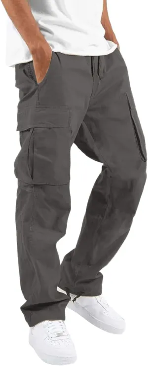 Elastic Waist Cargo Pants for Men Relaxed Fit Tactical Hiking Pants Casual Work Trousers Drawstring Travel Pants