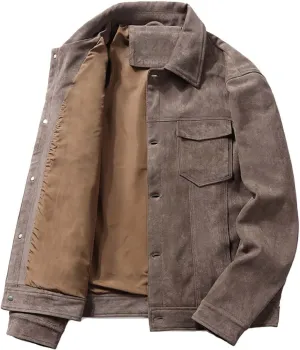Fashion Leisure Trucker Jacket for Men Slim Fit Faux Suede Leather Jackets Classic Lapel Collar Outerwear Winter Coat