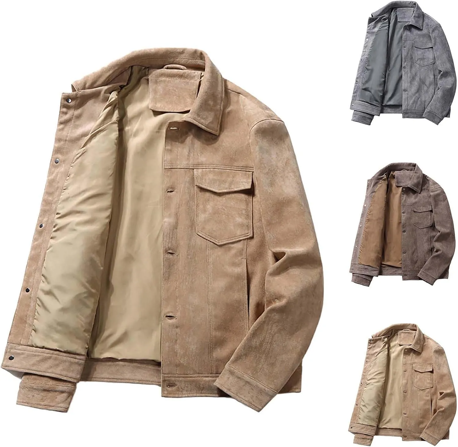 Fashion Leisure Trucker Jacket for Men Slim Fit Faux Suede Leather Jackets Classic Lapel Collar Outerwear Winter Coat