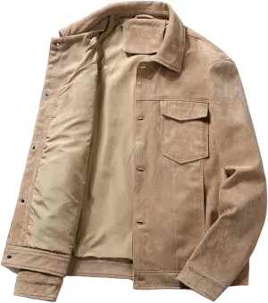 Fashion Leisure Trucker Jacket for Men Slim Fit Faux Suede Leather Jackets Classic Lapel Collar Outerwear Winter Coat