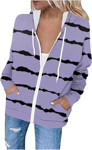 Flannel Jacket Women Oversized Striped Zipper Tops Long Sleeve Full Zip Cardigan Hooded Winter Coat with Pockets