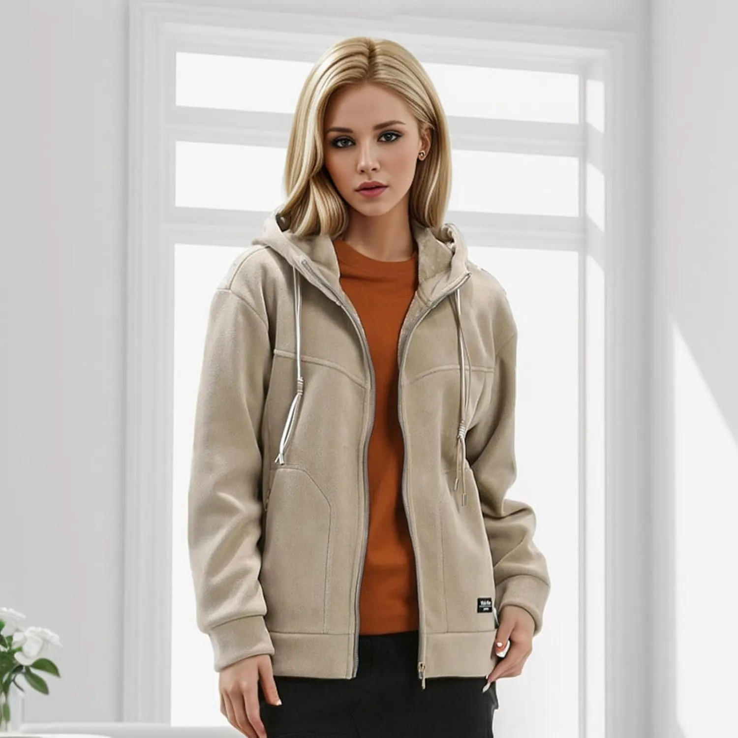 Full Zip Hoodies for Women Long Sleeve Sherpa Lined Lightweight Hooded Sweatshirts Outdoor Athletic Cardigan Jacket