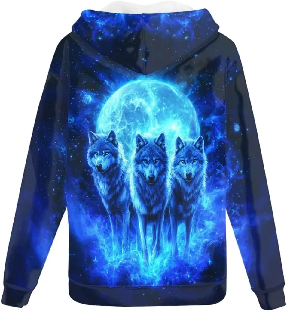 GLUDEAR Men Cool Wolf 3D Digital Print Full Zip Up Hoodie Jackets Pullover Hooded Sweatshirt