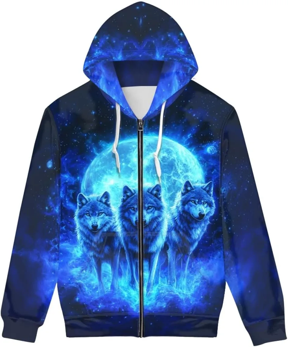 GLUDEAR Men Cool Wolf 3D Digital Print Full Zip Up Hoodie Jackets Pullover Hooded Sweatshirt