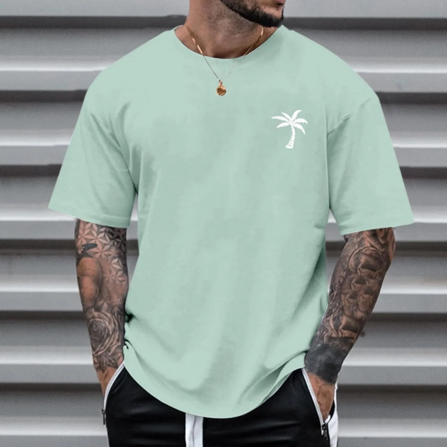 Graphic T Shirts for Man Summer Beach Palm Tree Print Crew Neck Short Sleeve Tees Classic Oversized Heavy Cotton Tops