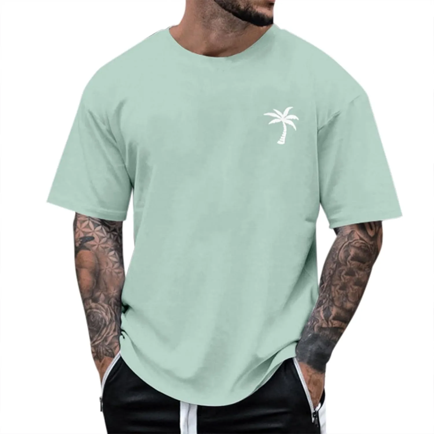 Graphic T Shirts for Man Summer Beach Palm Tree Print Crew Neck Short Sleeve Tees Classic Oversized Heavy Cotton Tops