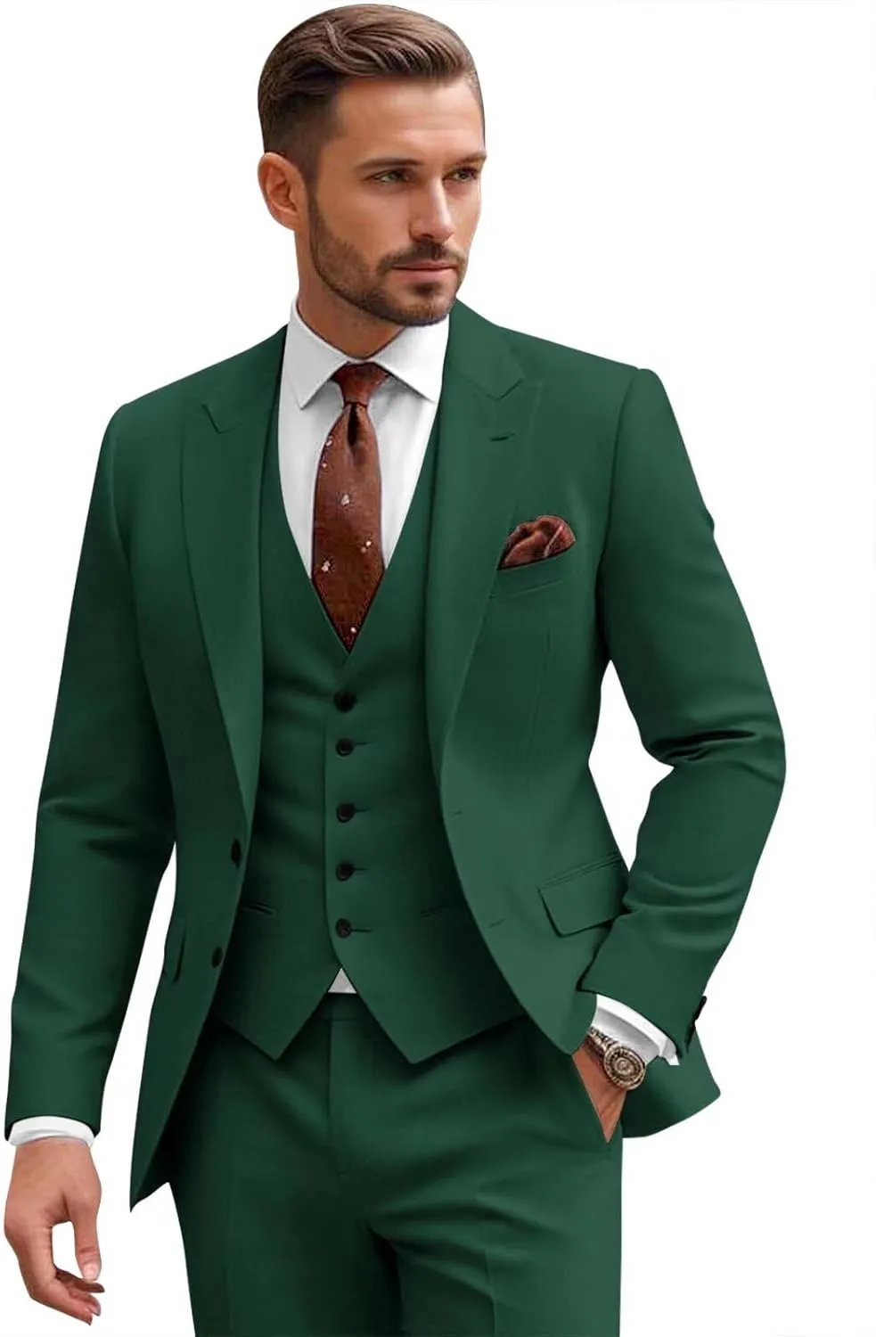Green Suit Men 3 Piece Wedding Teen Suit Young Man Two Button Blazer Classic Fit Men 3 Piece Suits Sets Dark Green Single Breasted Suits Lightweight Groom Attire XL