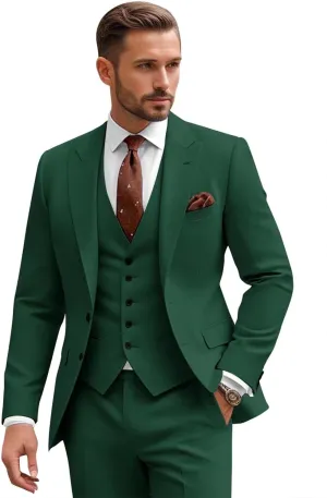Green Suit Men 3 Piece Wedding Teen Suit Young Man Two Button Blazer Classic Fit Men 3 Piece Suits Sets Dark Green Single Breasted Suits Lightweight Groom Attire XL