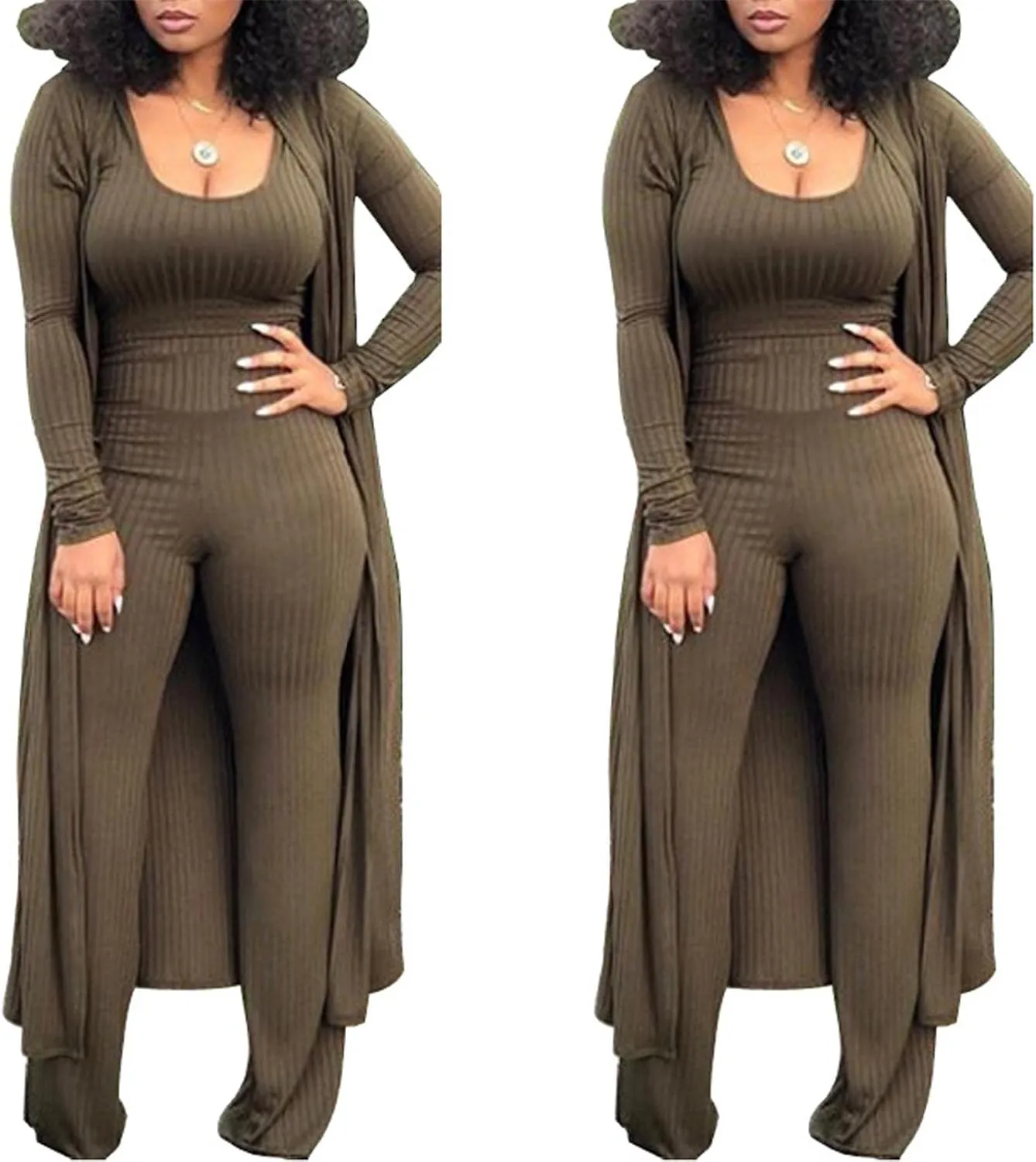 HANMAX Women's Tracksuit Winter Autumn Knitted Long-sleeved Blazer Coat Tank Long Pants Three Piece Sets Outfit