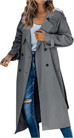 HGps8w Women Classic Trench Coat Windproof Lapel Double Breasted Long Overcoat with Belt and Pockets