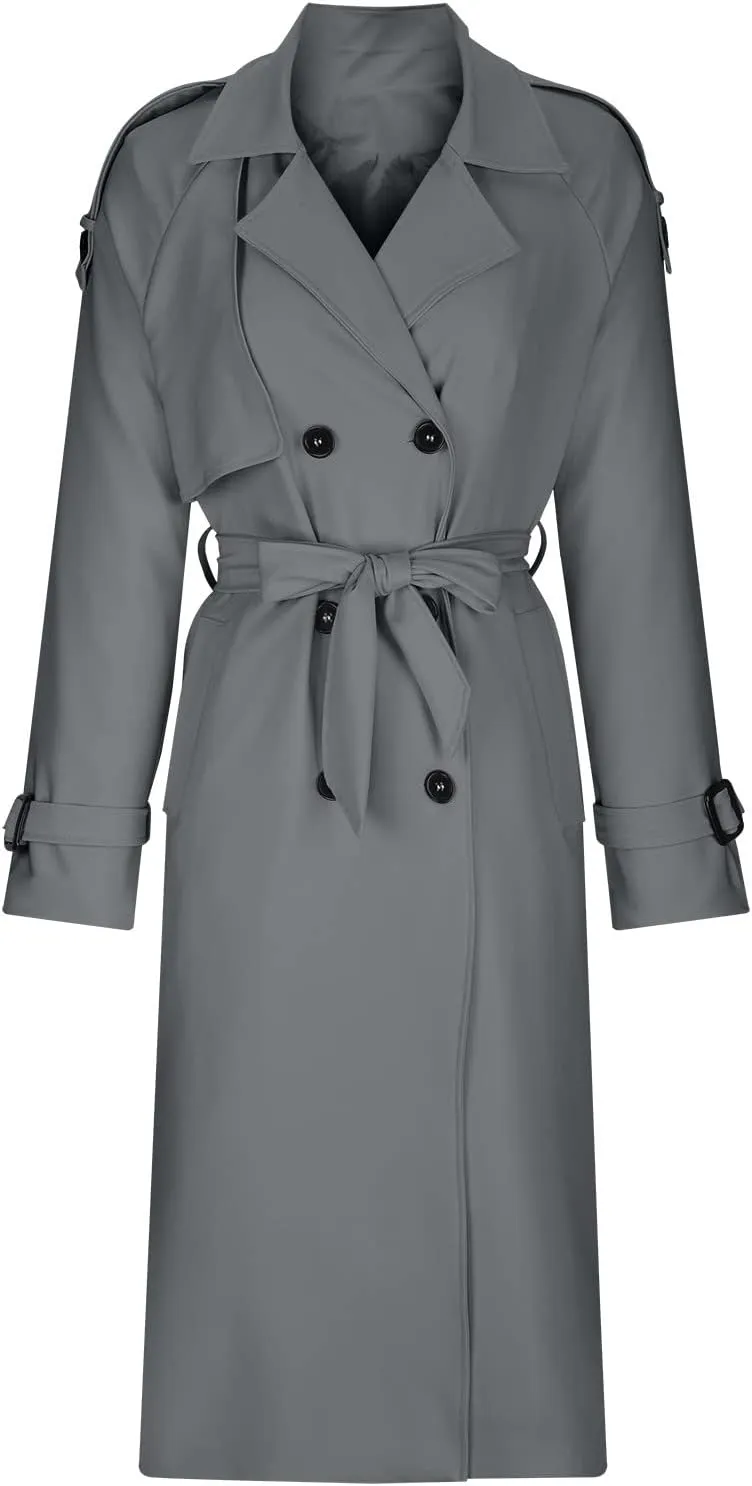HGps8w Women Classic Trench Coat Windproof Lapel Double Breasted Long Overcoat with Belt and Pockets