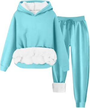 hlysgo Two Piece Sets for Women Winter Warm Lounge Set Fleece Lined Long Sleeve Hooded Pullover Drawstring Pants Sweatsuit