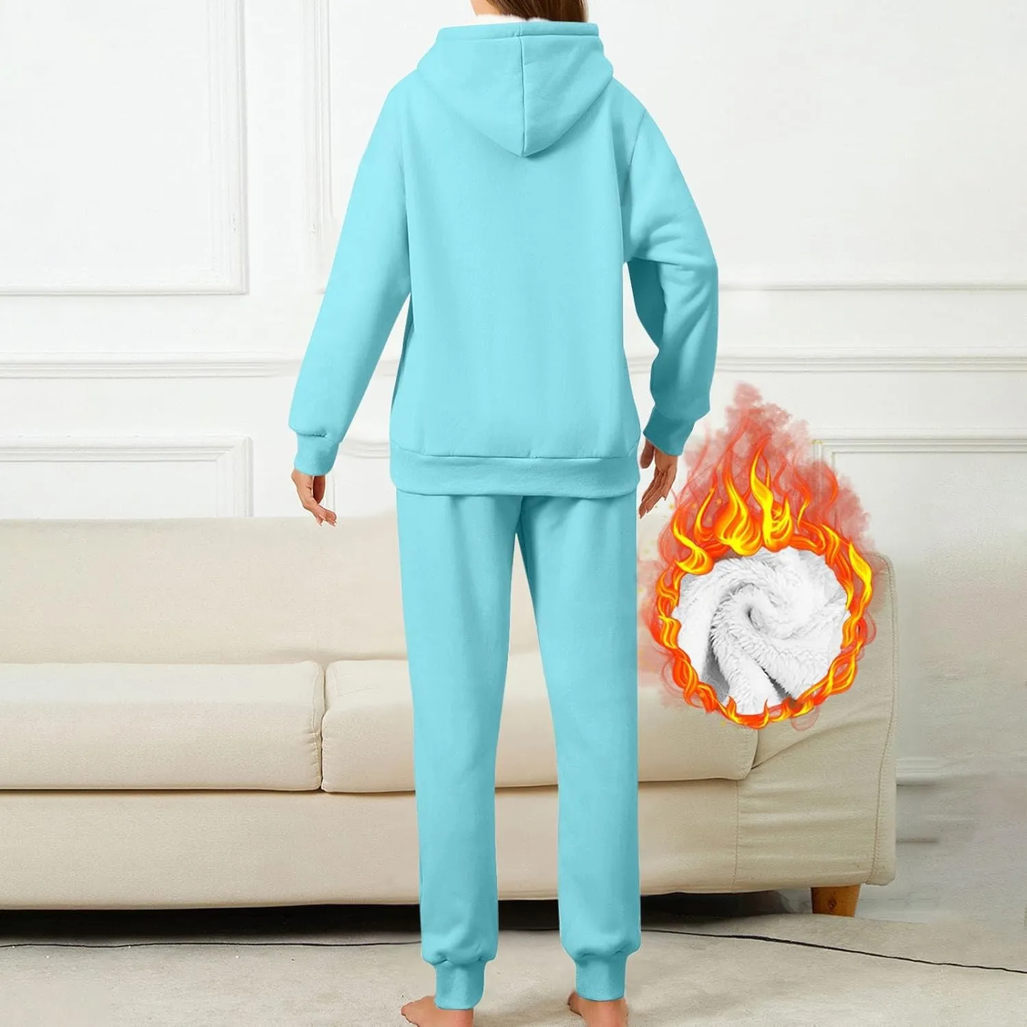 hlysgo Two Piece Sets for Women Winter Warm Lounge Set Fleece Lined Long Sleeve Hooded Pullover Drawstring Pants Sweatsuit