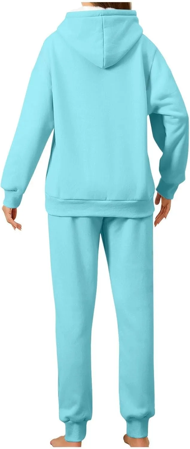 hlysgo Two Piece Sets for Women Winter Warm Lounge Set Fleece Lined Long Sleeve Hooded Pullover Drawstring Pants Sweatsuit