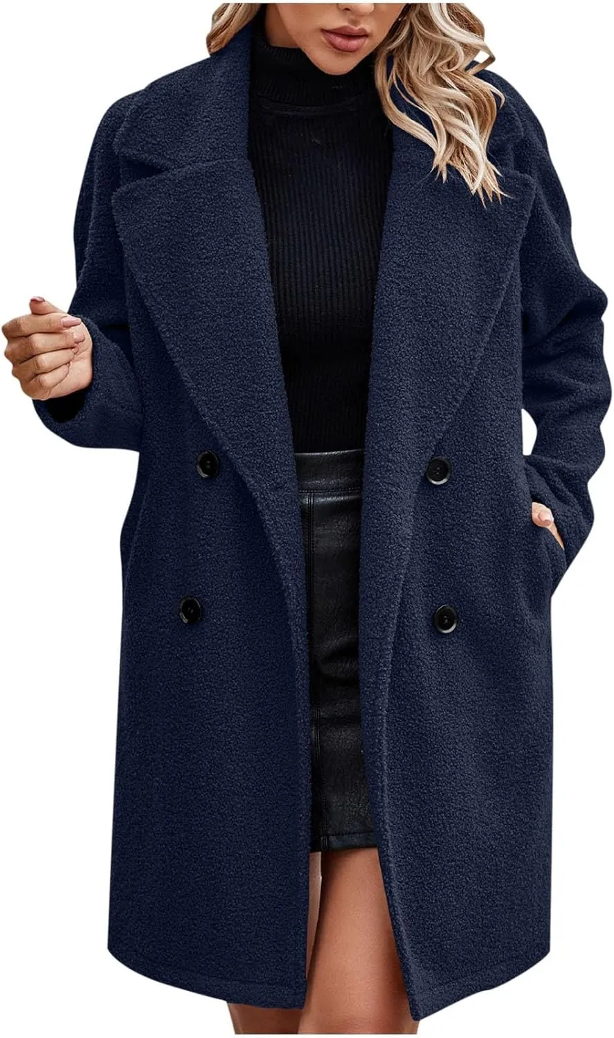 hlysgo Women's Fashion Winter Fuzzy Coats Long Sleeve Notched Lapel Double Breasted Trench Coat Warm Fleece Long Jacket