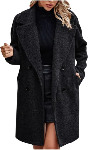 hlysgo Women's Fashion Winter Fuzzy Coats Long Sleeve Notched Lapel Double Breasted Trench Coat Warm Fleece Long Jacket