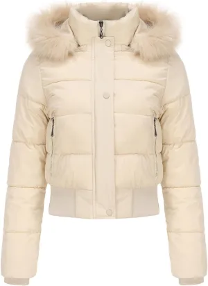 JOAU Women's Cotton Padded Puffer Jackets Zip Up Quilted Down Outwear Winter Warm Detachable Fur Hooded Pockets Short Coats