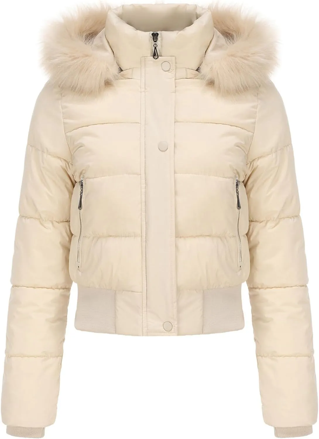 JOAU Women's Cotton Padded Puffer Jackets Zip Up Quilted Down Outwear Winter Warm Detachable Fur Hooded Pockets Short Coats