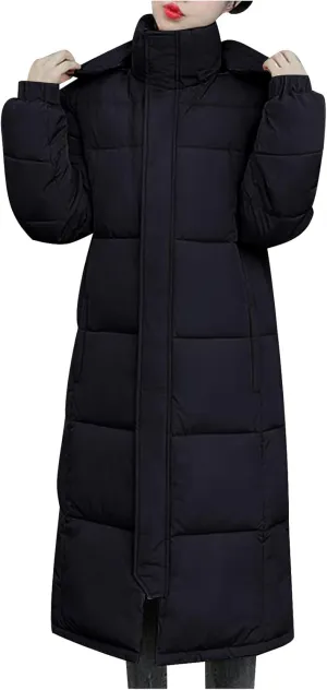 JOAU Women's Winter Over Knee Hooded Maxi Long Cotton Down Coat Thicken Warm Quilted Puffer Jackets Pockets Padded Outwear