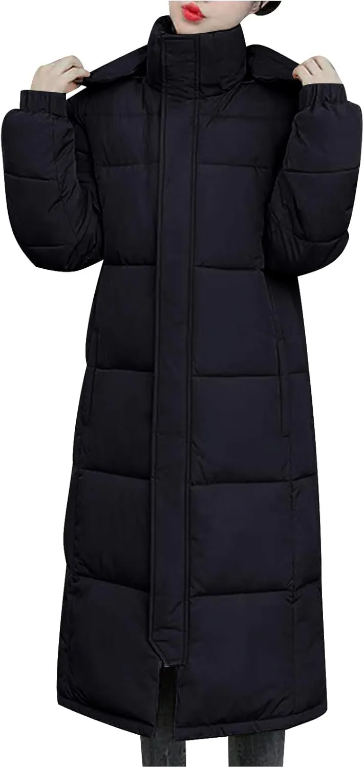 JOAU Women's Winter Over Knee Hooded Maxi Long Cotton Down Coat Thicken Warm Quilted Puffer Jackets Pockets Padded Outwear
