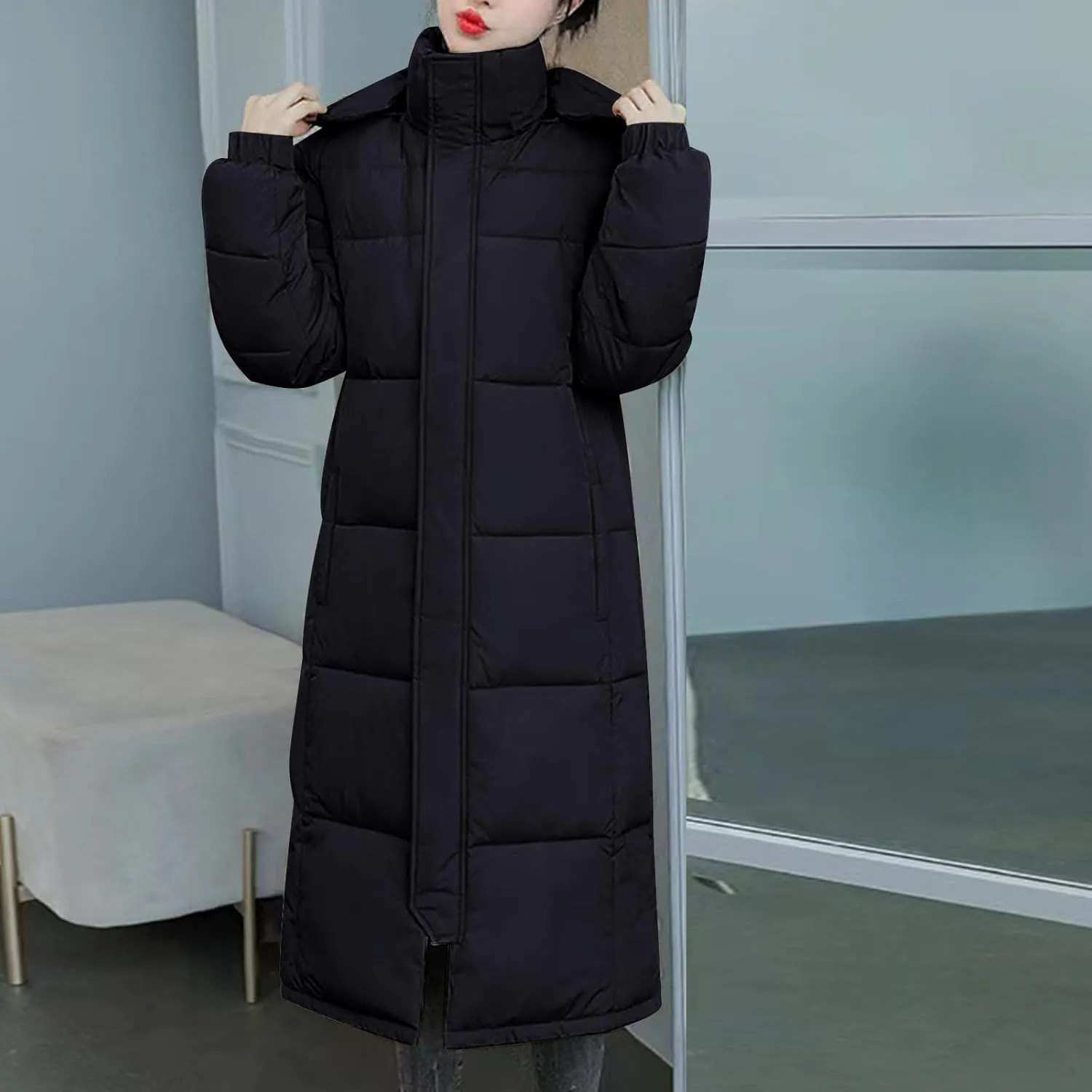 JOAU Women's Winter Over Knee Hooded Maxi Long Cotton Down Coat Thicken Warm Quilted Puffer Jackets Pockets Padded Outwear