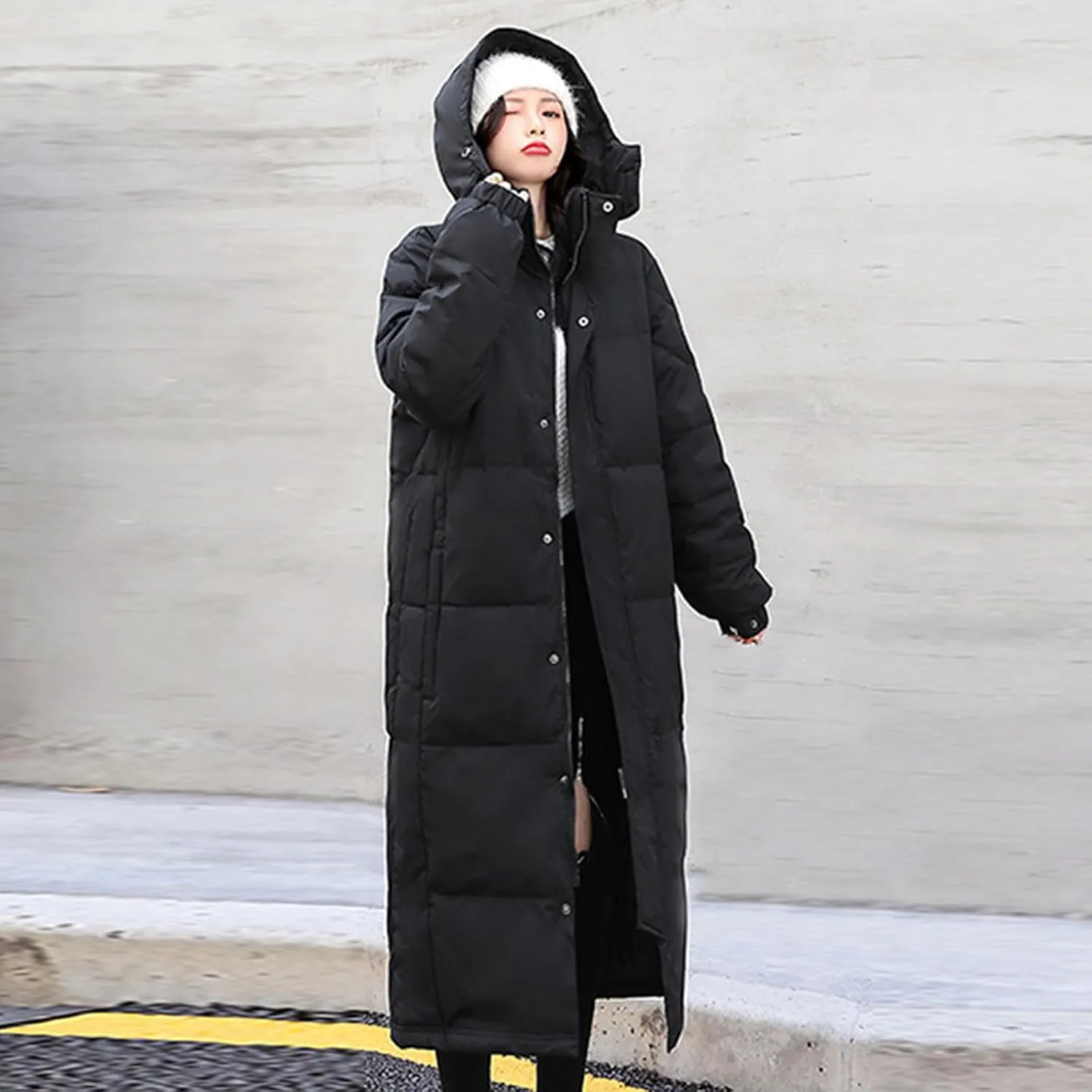 JOAU Women's Winter Over Knee Hooded Maxi Long Cotton Down Coat Thicken Warm Quilted Puffer Jackets Pockets Padded Outwear