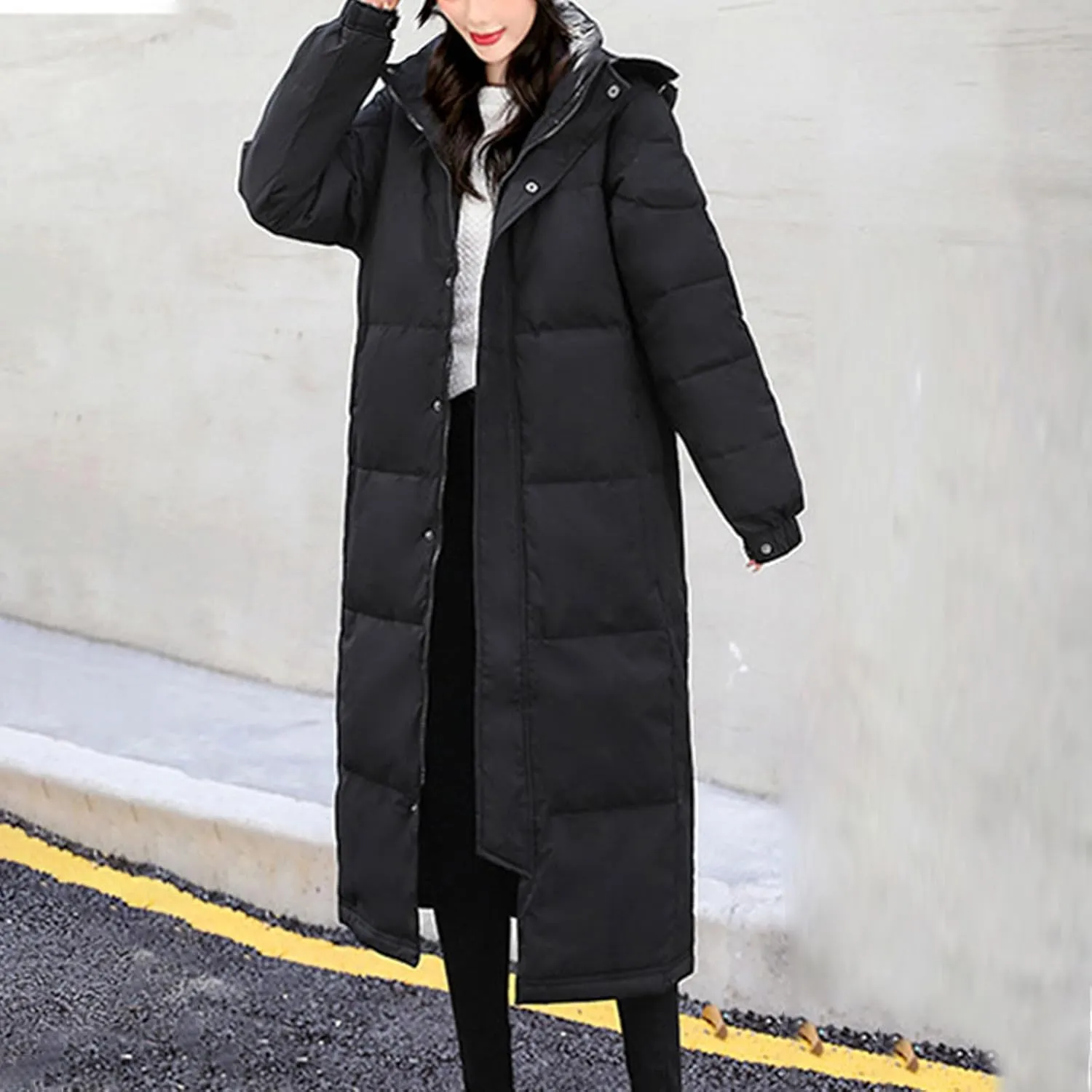 JOAU Women's Winter Over Knee Hooded Maxi Long Cotton Down Coat Thicken Warm Quilted Puffer Jackets Pockets Padded Outwear