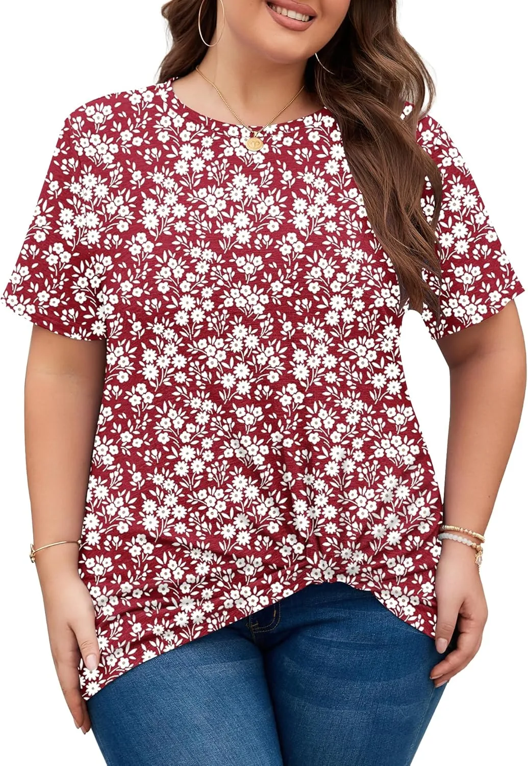 KARALIN Womens Plus Size T-Shirts Short Sleeve Crew Neck Soft Classic Casual Loose Knotted Tops