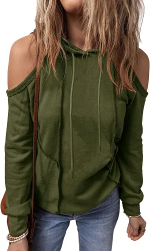 KINLONSAIR Womens Cold Shoulder Long Sleeve Sweatshirts Pullover Cut Out Patchwork Hoodies Casual Fitted Hooded Tops