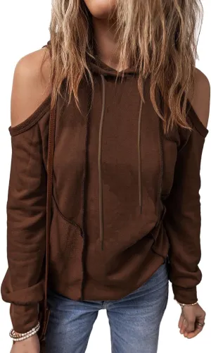 KINLONSAIR Womens Cold Shoulder Long Sleeve Sweatshirts Pullover Cut Out Patchwork Hoodies Casual Fitted Hooded Tops