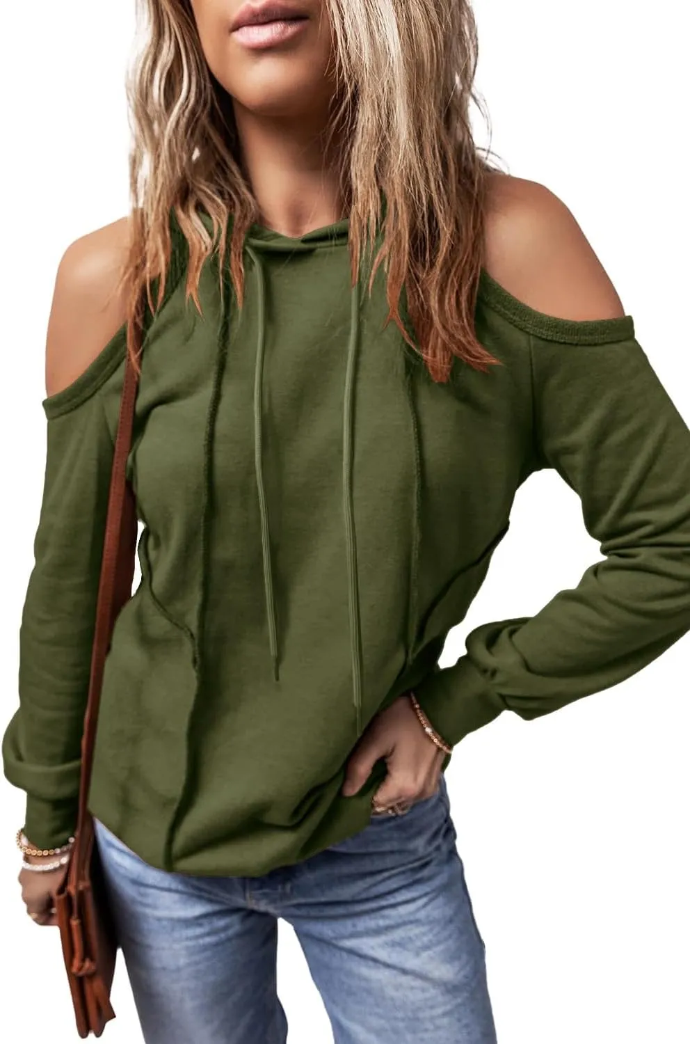 KINLONSAIR Womens Cold Shoulder Long Sleeve Sweatshirts Pullover Cut Out Patchwork Hoodies Casual Fitted Hooded Tops