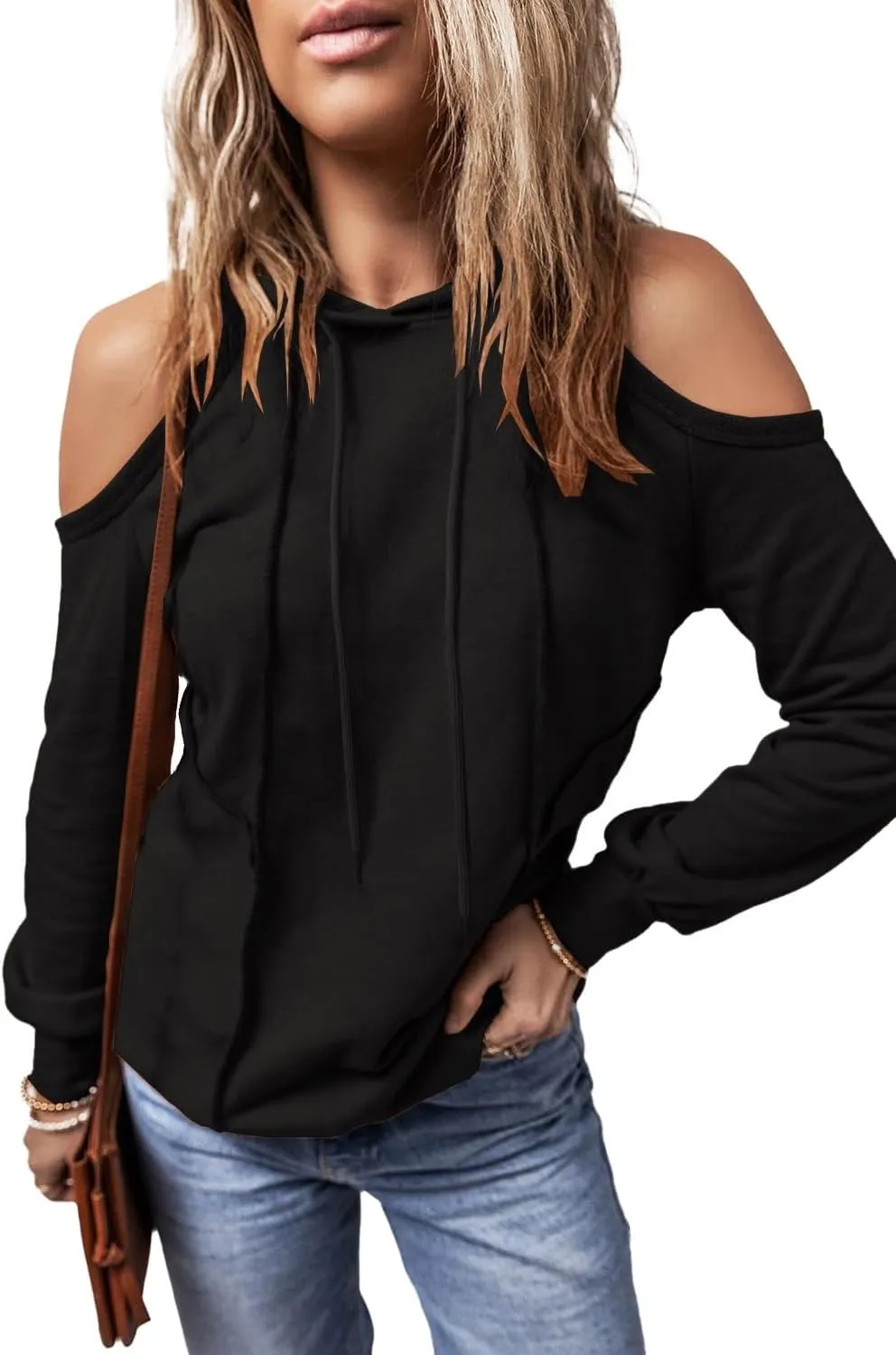 KINLONSAIR Womens Cold Shoulder Long Sleeve Sweatshirts Pullover Cut Out Patchwork Hoodies Casual Fitted Hooded Tops