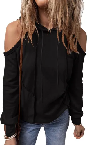 KINLONSAIR Womens Cold Shoulder Long Sleeve Sweatshirts Pullover Cut Out Patchwork Hoodies Casual Fitted Hooded Tops