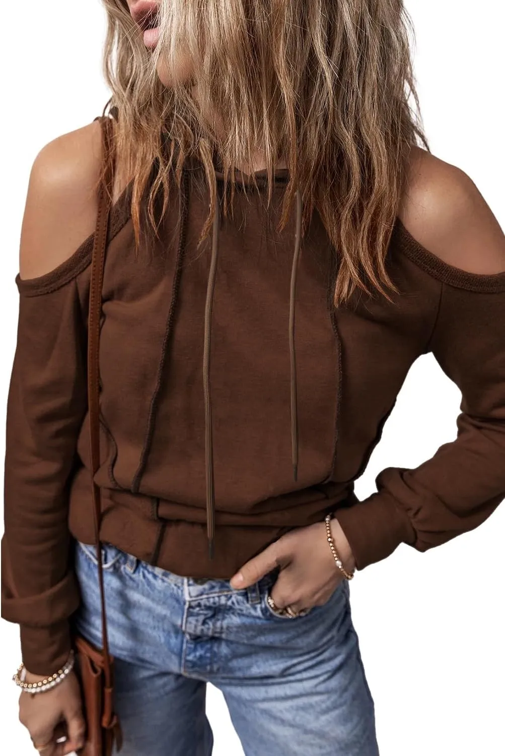 KINLONSAIR Womens Cold Shoulder Long Sleeve Sweatshirts Pullover Cut Out Patchwork Hoodies Casual Fitted Hooded Tops