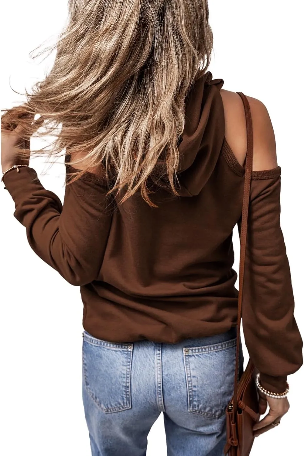 KINLONSAIR Womens Cold Shoulder Long Sleeve Sweatshirts Pullover Cut Out Patchwork Hoodies Casual Fitted Hooded Tops