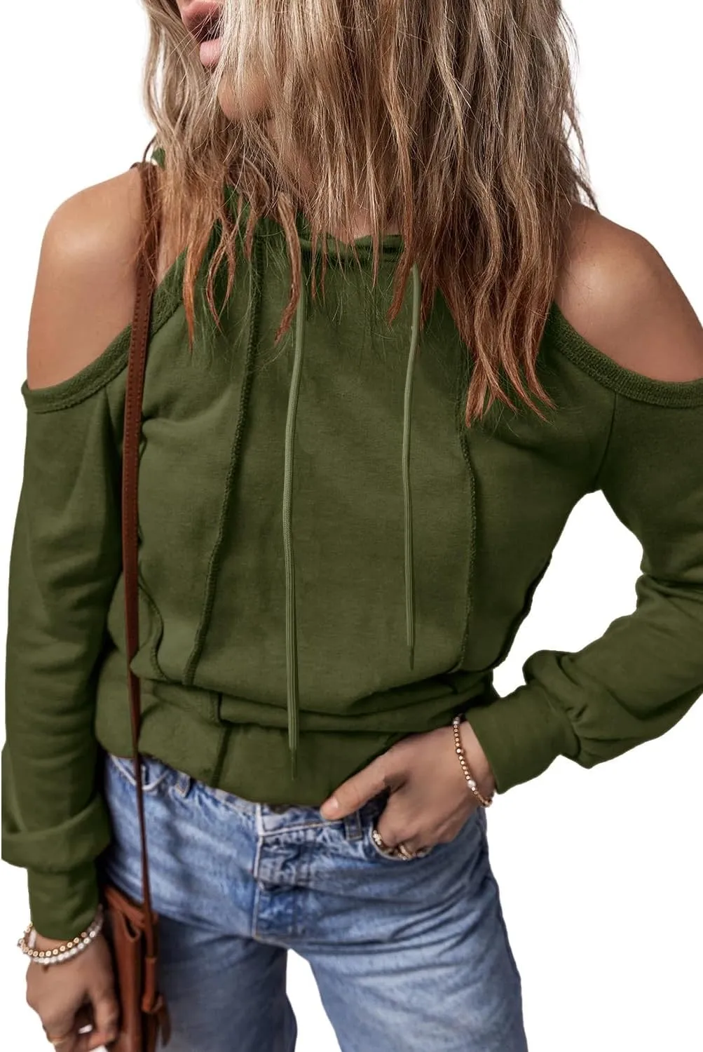 KINLONSAIR Womens Cold Shoulder Long Sleeve Sweatshirts Pullover Cut Out Patchwork Hoodies Casual Fitted Hooded Tops