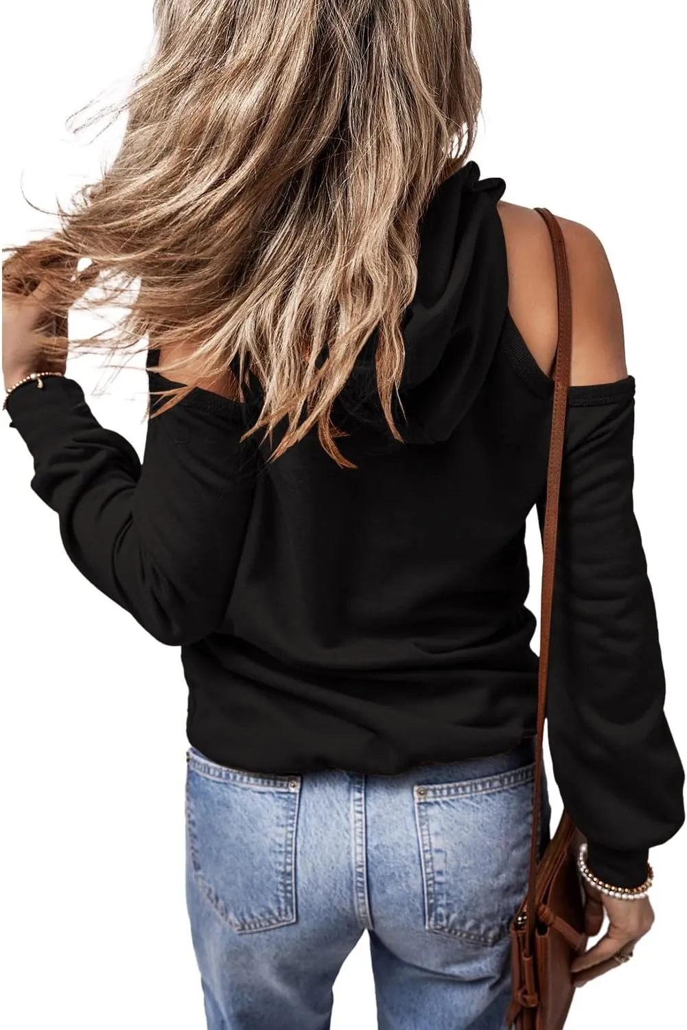 KINLONSAIR Womens Cold Shoulder Long Sleeve Sweatshirts Pullover Cut Out Patchwork Hoodies Casual Fitted Hooded Tops