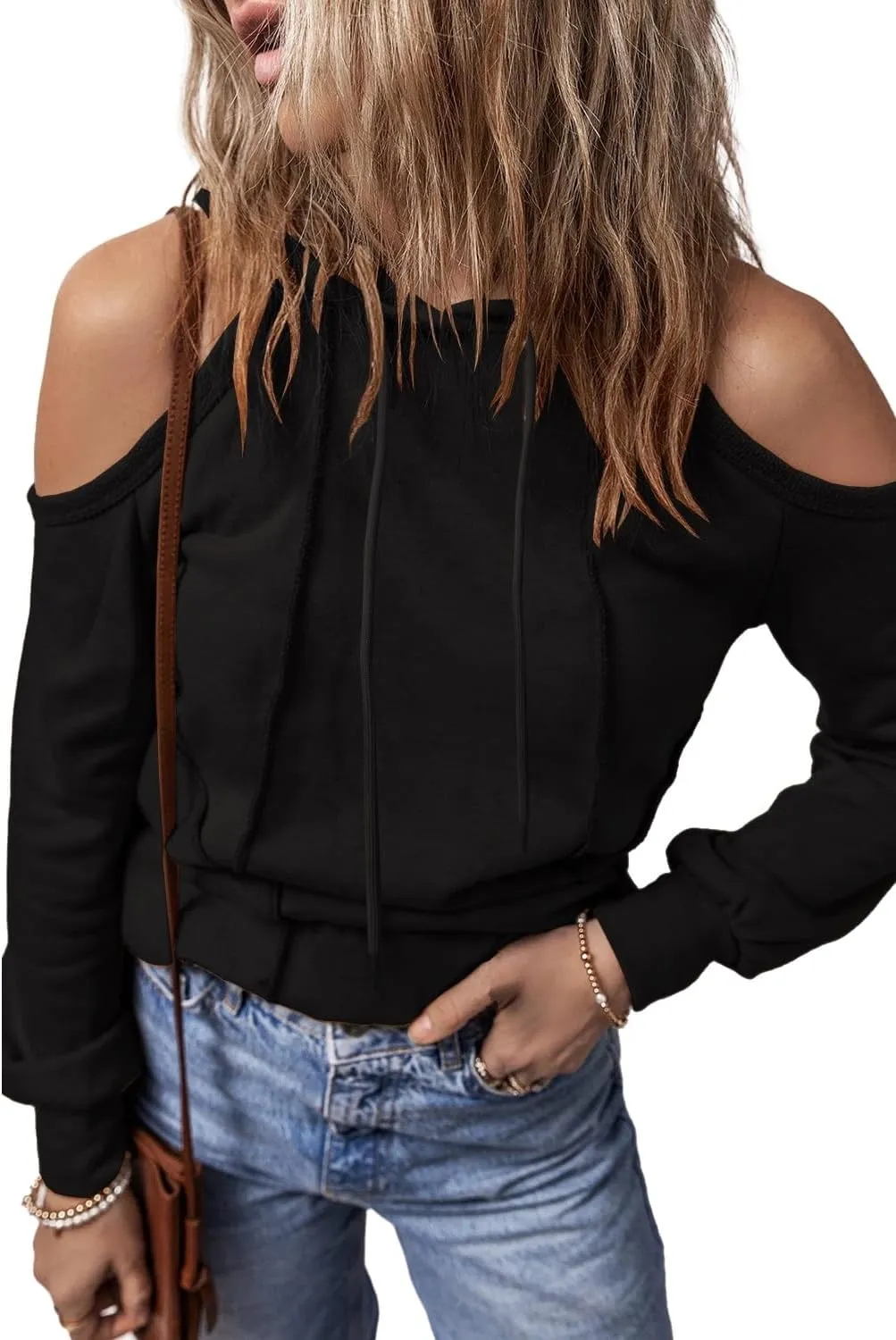 KINLONSAIR Womens Cold Shoulder Long Sleeve Sweatshirts Pullover Cut Out Patchwork Hoodies Casual Fitted Hooded Tops