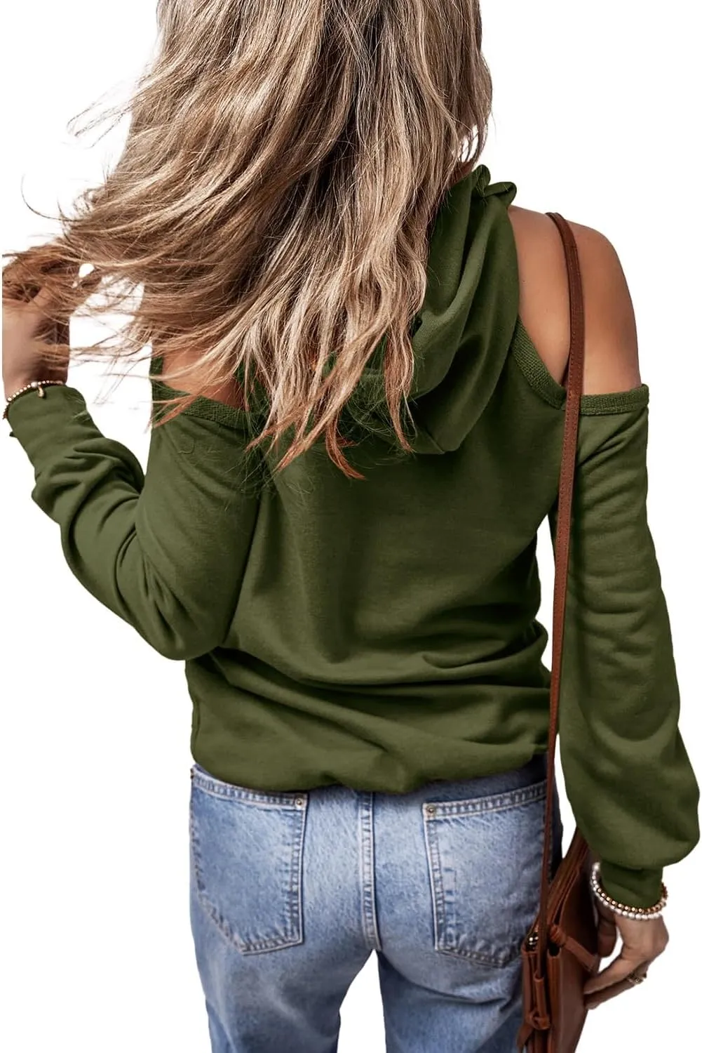 KINLONSAIR Womens Cold Shoulder Long Sleeve Sweatshirts Pullover Cut Out Patchwork Hoodies Casual Fitted Hooded Tops