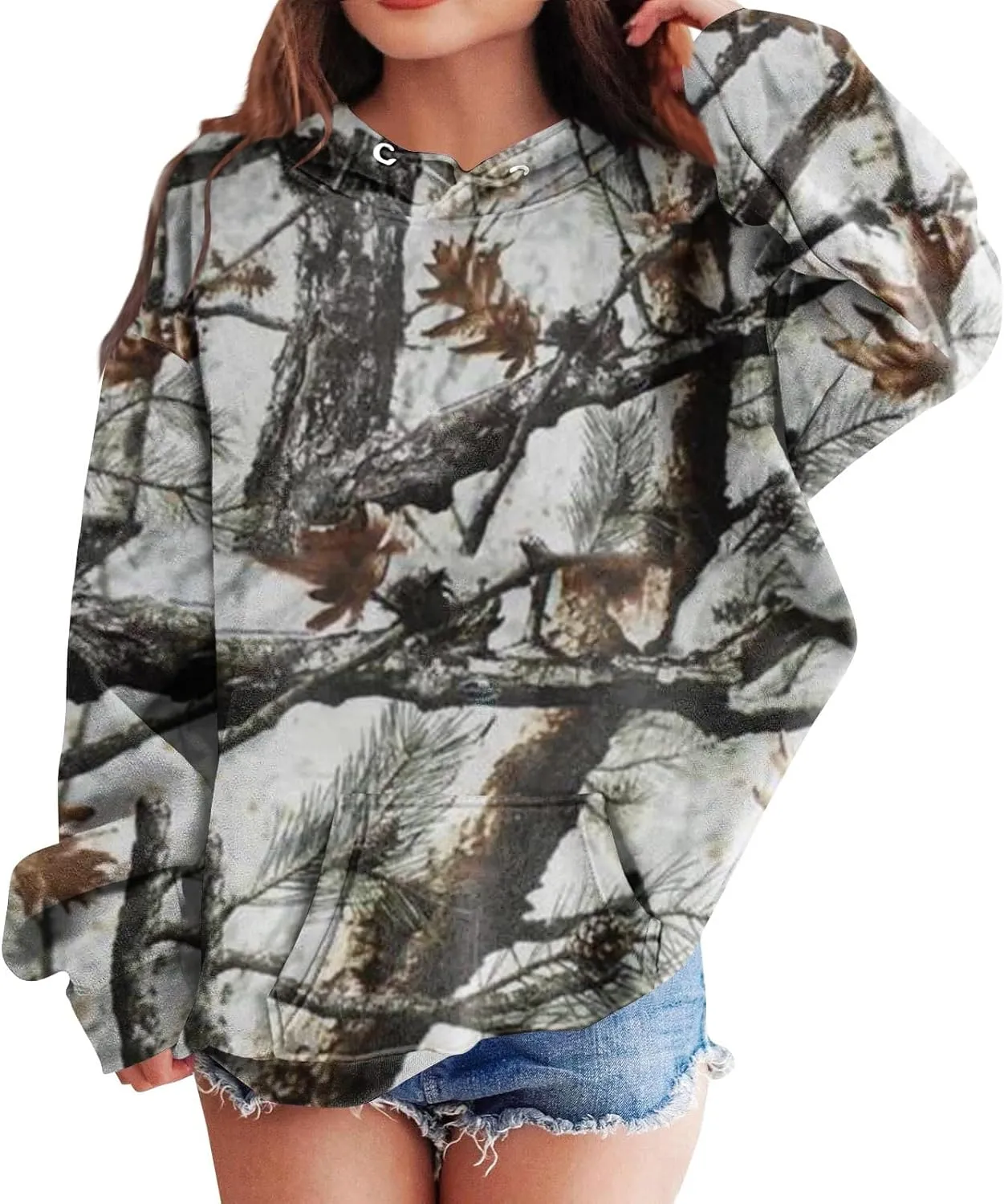 Light Camo Hoodies for Teen Girls Cute Sweatshirt Maple Leaf Print Oversized Fleece Sweatshirts Pullover Tops with Pocket