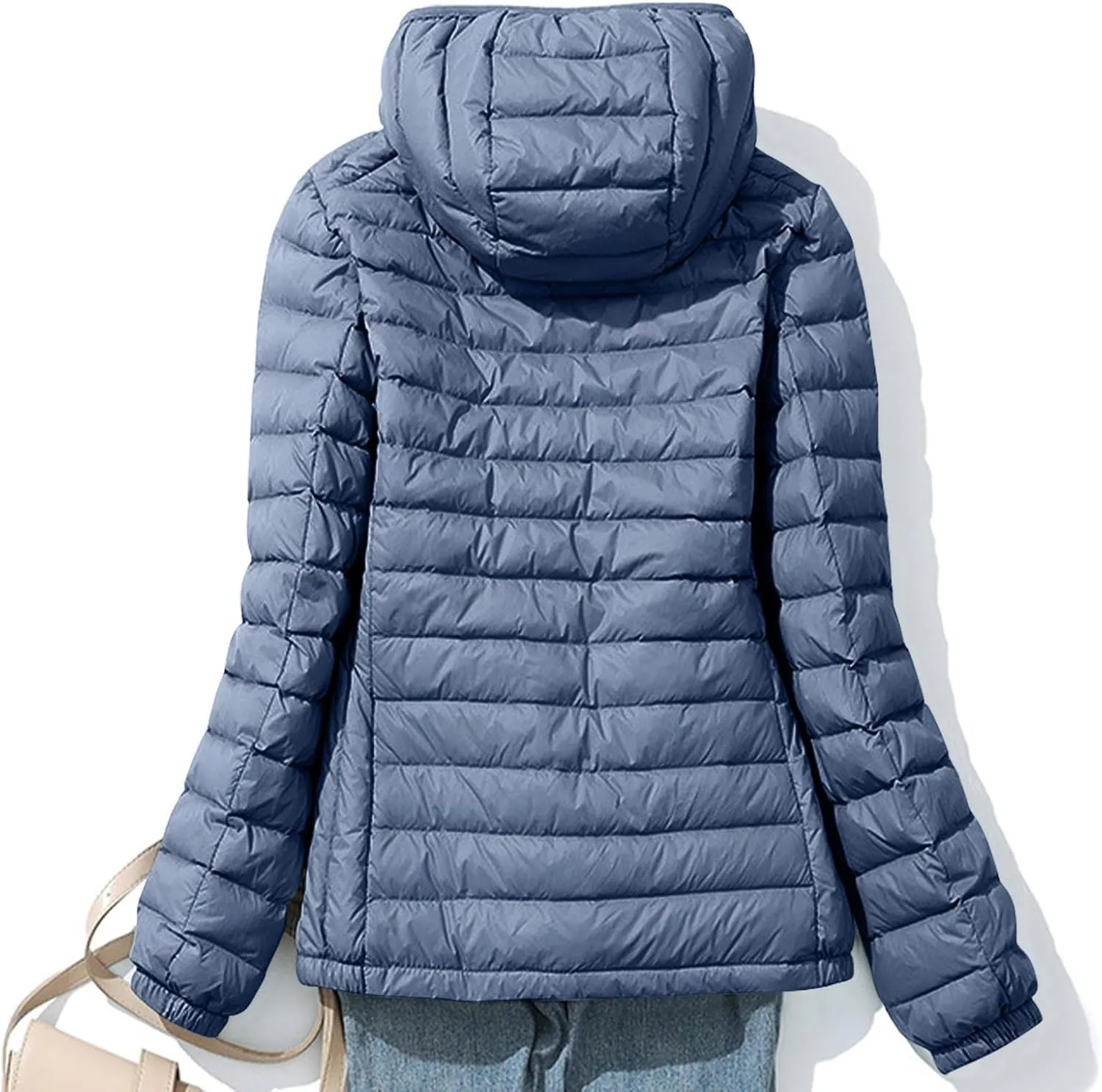 Lightweight Jackets for Women with Hood Winter Long Sleeve Zip Down Coat Solid Color Warm Casual Puffer Jacket