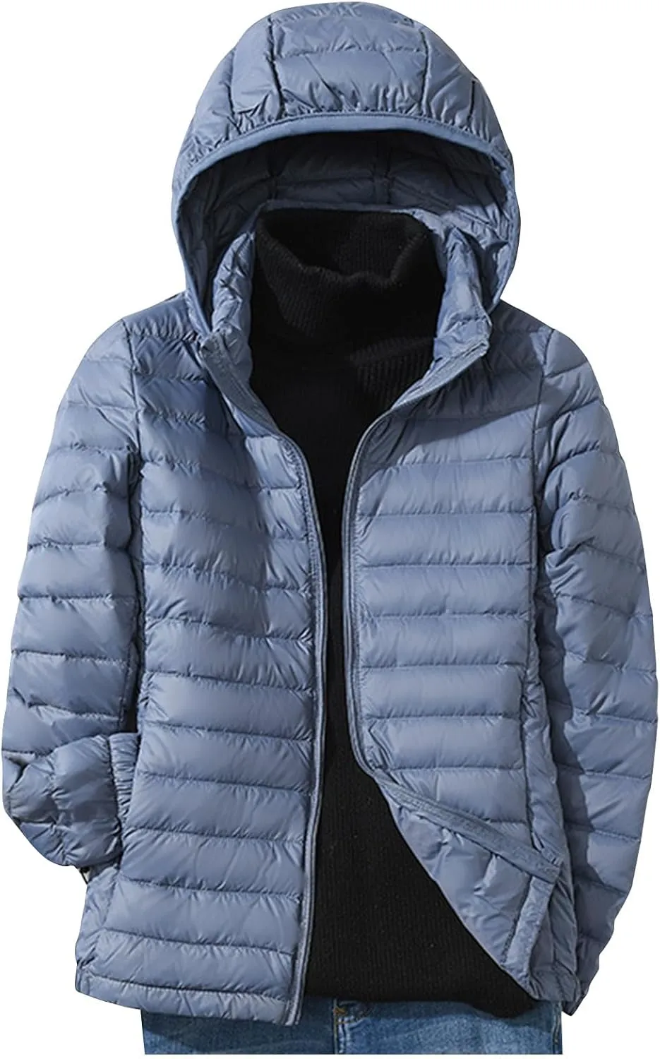 Lightweight Jackets for Women with Hood Winter Long Sleeve Zip Down Coat Solid Color Warm Casual Puffer Jacket