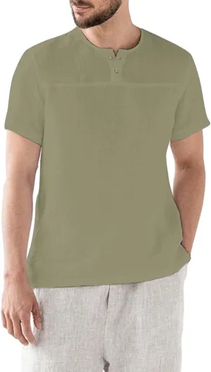 Linen Henley Shirt for Men Summer Solid Casual Trendy Tees Lightweight Breathable Athletic-Fit Button Up Beach Tops