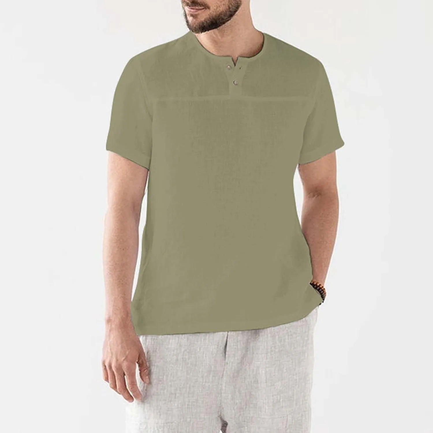 Linen Henley Shirt for Men Summer Solid Casual Trendy Tees Lightweight Breathable Athletic-Fit Button Up Beach Tops