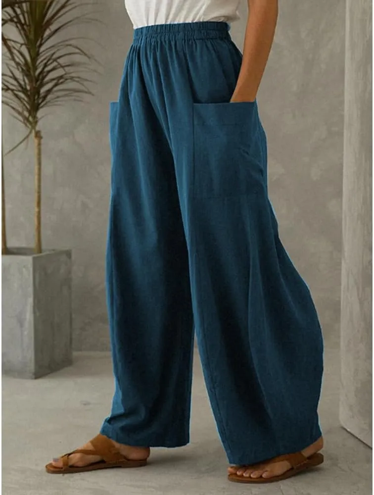 Linen Pants Women Casual Wide Leg Pants Casual Loose High Waist Lantern Beach Palazzo Pants with Pockets