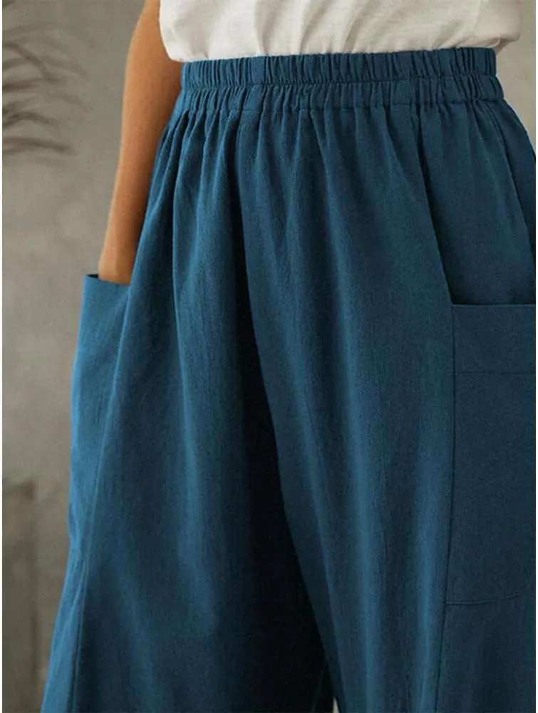 Linen Pants Women Casual Wide Leg Pants Casual Loose High Waist Lantern Beach Palazzo Pants with Pockets