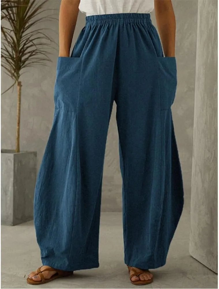 Linen Pants Women Casual Wide Leg Pants Casual Loose High Waist Lantern Beach Palazzo Pants with Pockets