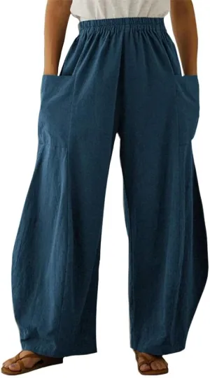 Linen Pants Women Casual Wide Leg Pants Casual Loose High Waist Lantern Beach Palazzo Pants with Pockets