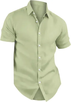 Linen Shirts for Men Short Sleeve Vintage Short Sleeve Button Down Cuban Guayabera Shirt Solid Casual Beach Tee Tops