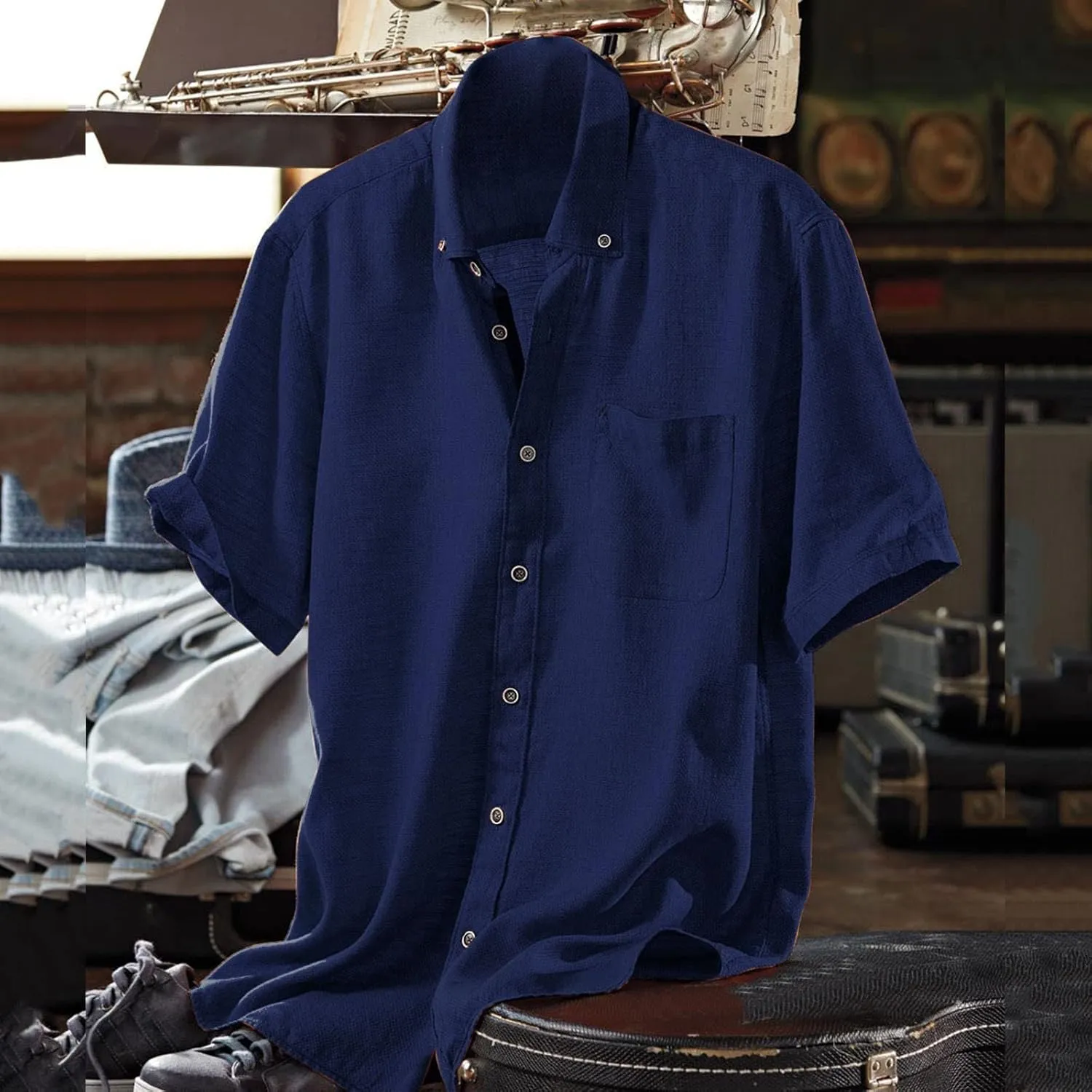 Linen Shirts for Men Trendy Button Down Short Sleeve Summer Beach Wedding Shirt Lightweight Quick Dry Chambray Blouses